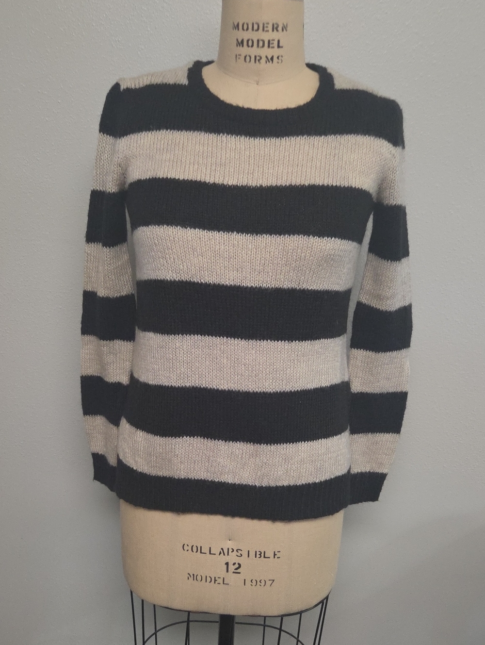 H&M Black and Cream Striped Crewneck Sweater